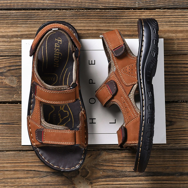 Classic Design Non-slip Open Toe Outdoor Trekking Leather Upper Summer Beach Flat Sandals