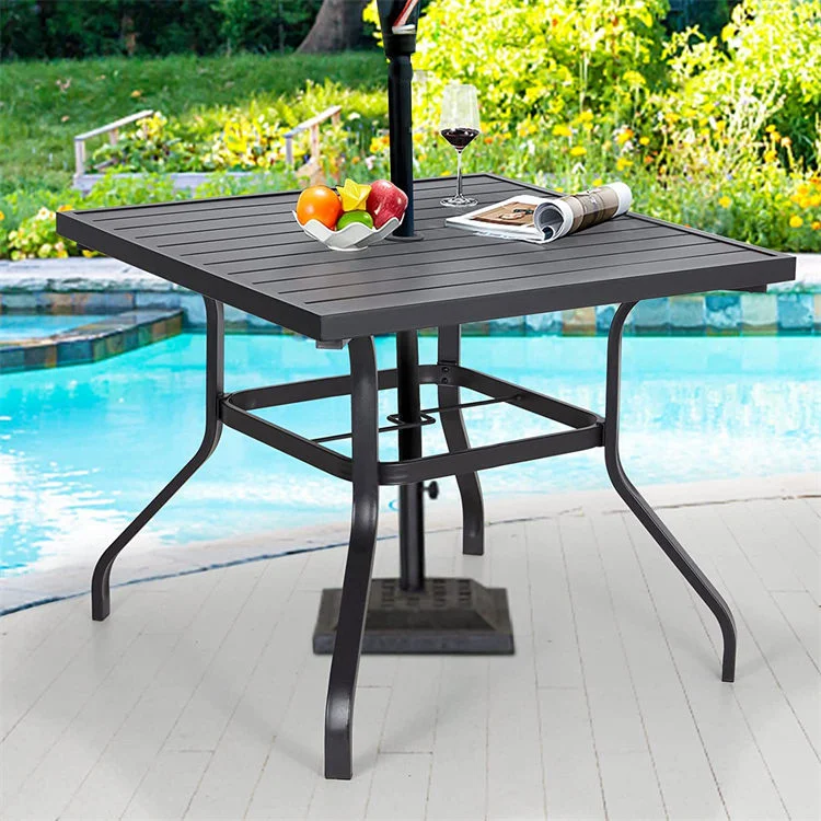 Slat Patio Dining Table Square Backyard Bistro Table Outdoor Furniture Garden Table Metal Steel