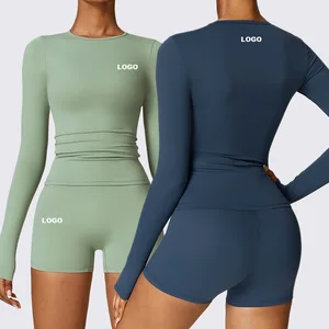 Custom Logo Solid High Compression Breathable Quick Dry 2-Piece Fitness Workout Active Long Sleeve Shorts Yoga Set for Women
