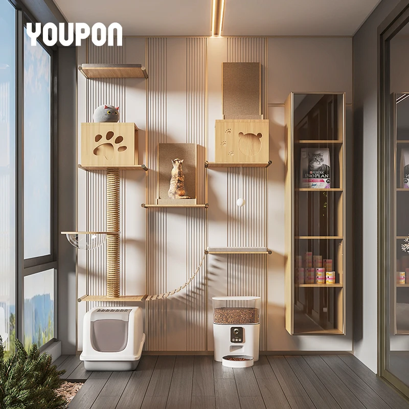 YOUPON Custom Modern Design Durable WPC/Oak Cat Treehouse with Large Space for Indoor Multi-Functional Climbing Frame