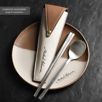 Leather bag guarantee portable travel outdoor camping flatware cutlery spoon chopsticks set creative gift logo custom wholesale