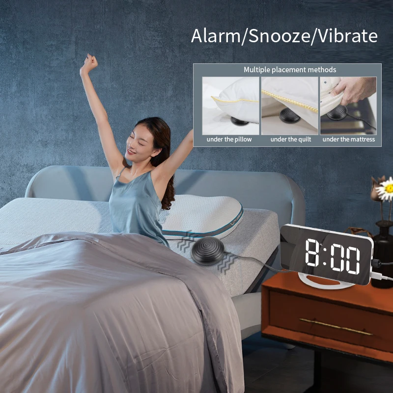 Digital Desk Alarm Clock Mirror Table Clock LED Digital Vibrator Alarm Clock for Hearing Impaired
