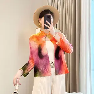 Miyake Women's 2026 New Style Long-Sleeved Pleated Coat Elegant Printed Top Short Buckle-Free Sun Protection Thin Spring Summer