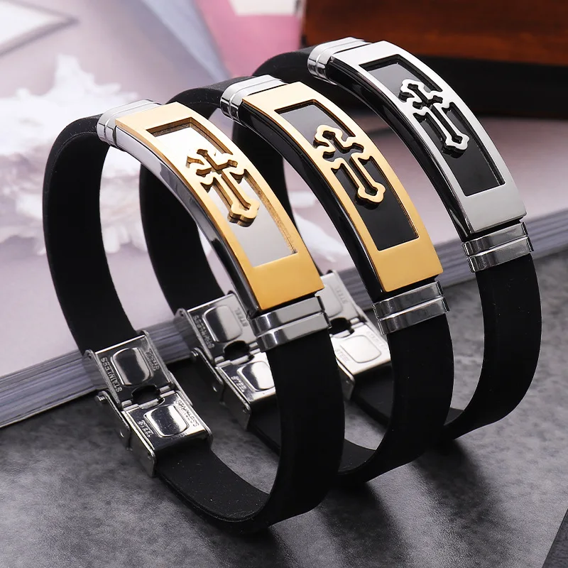 New Fashion Statement Black Gold Hollow Titanium Steel Silicone Sport  Wristband Cross Bangle Bracelet for Women