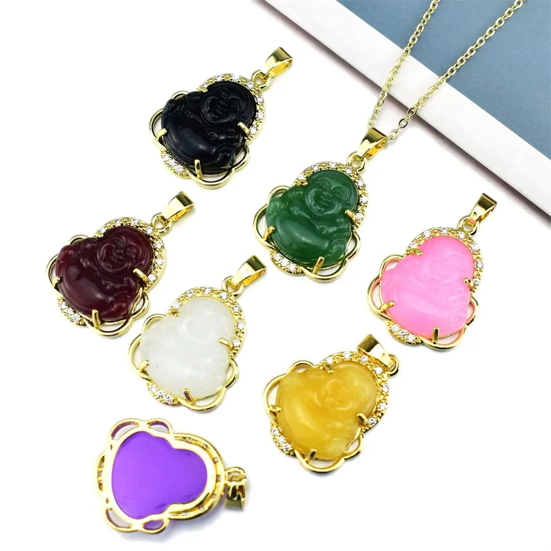 Factory Price Religious Copper Micro-inlaid Zircon Pendant  Crystal Jade Stone Buddha Pendant Necklace for Women