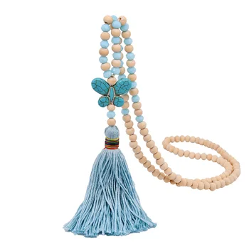 Wholesale Cross Turquoise Wood Bead Long Tassel Necklace Butterfly Rosary Charm Necklace Jewelry