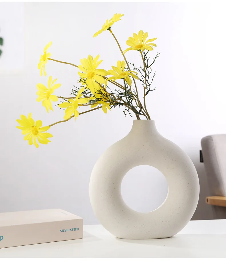 Nordic Ceramic Vase Circular Hollow Donuts Flower Pot Home Living Room ...