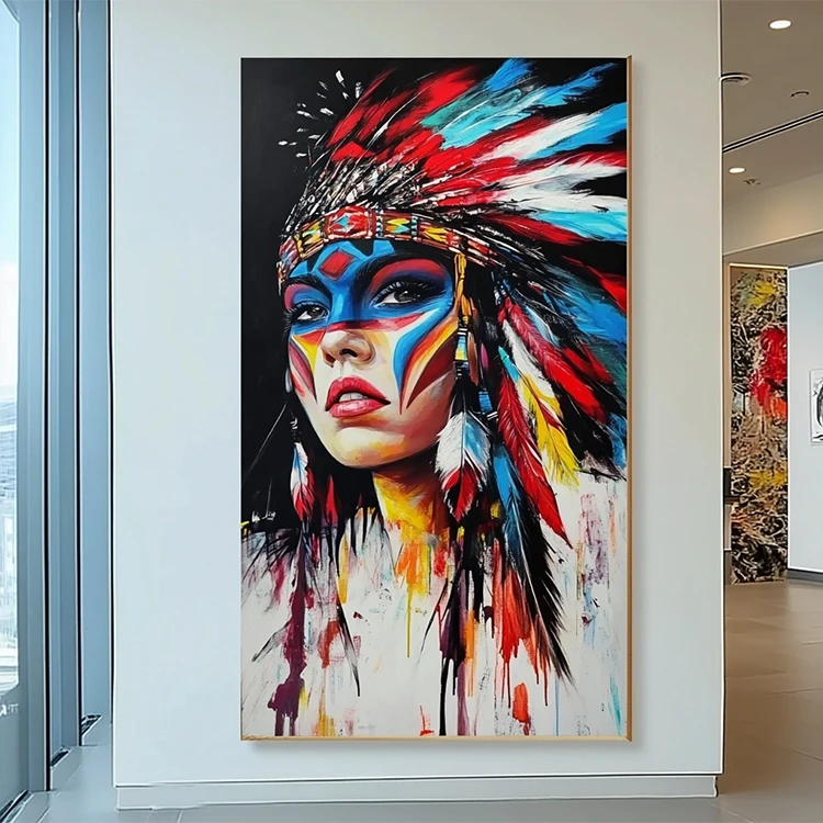 Colorful Tribal Canvas Print Modern Beautiful Woman Figure With Feather Indian Paintings and Wall Arts