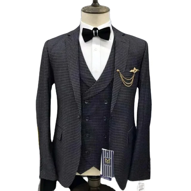 custom grid Wedding suits for men's lapel large Men suits 3 pieces suit for men Business (blazer+vest+pant)