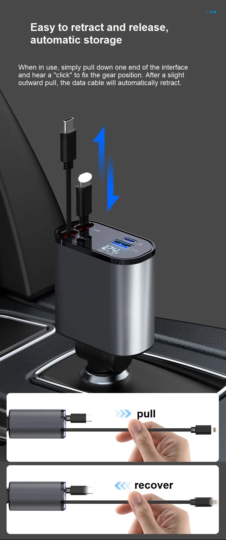 Car charger with LED digital display 100W 4 in 1 Quick Adapter 2 Port Type C PD Car charging station charger