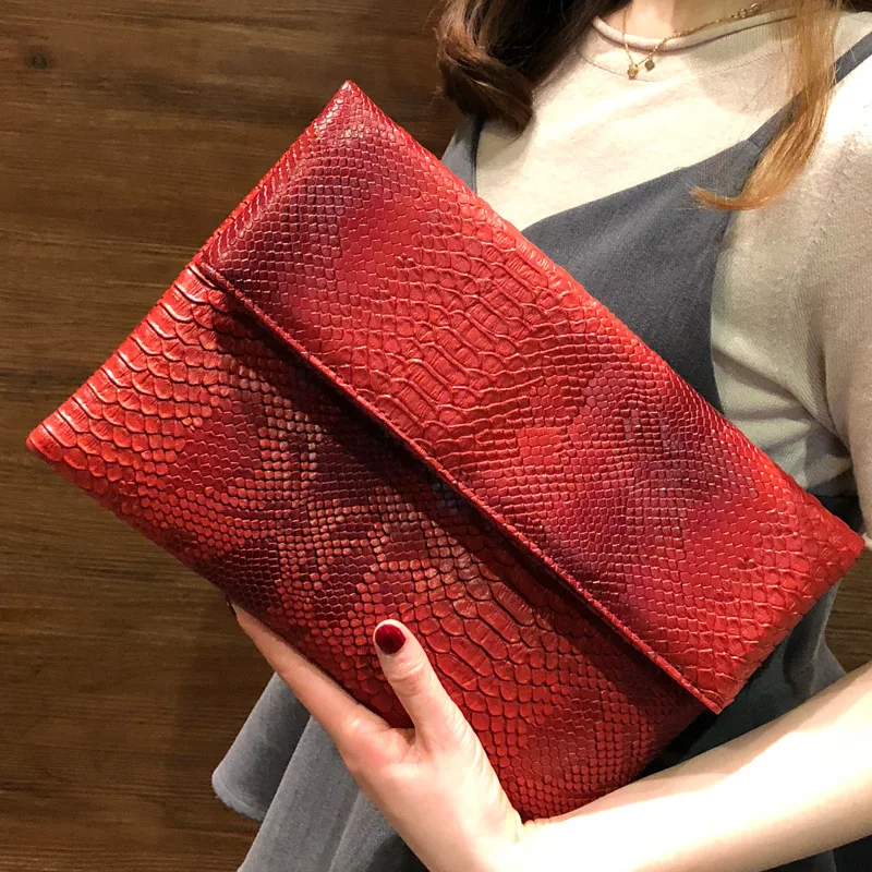 Glazed Leather Designer Clutch Handbag Snakeskin Foldover Envelope