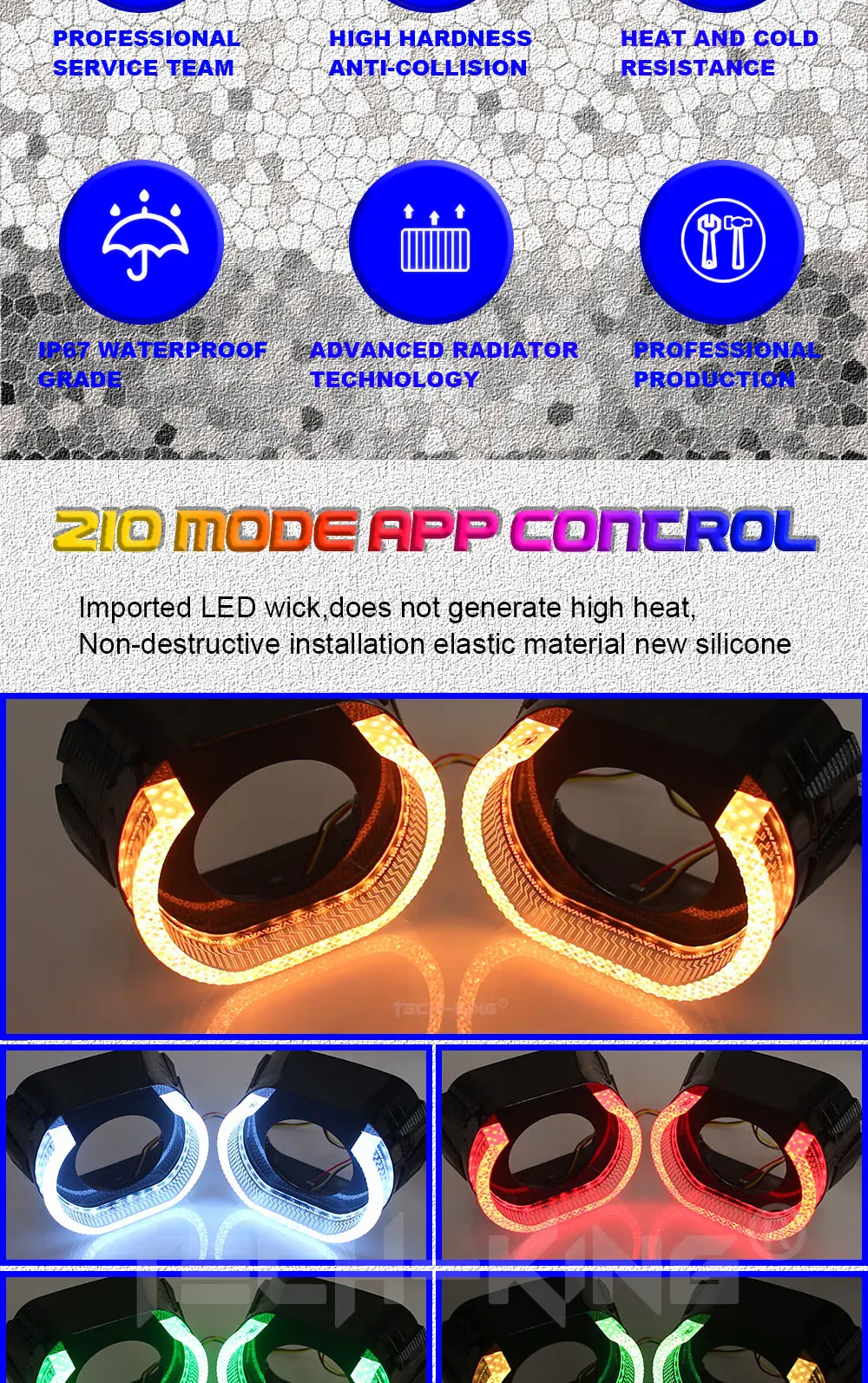 TECH-KING APP Control Projector Shrouds With LED U Shape RGBW Crystal LED Angel Eye Black Decorative Cover Retrofit and upgrade