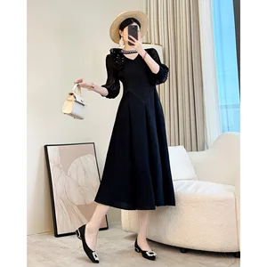2026 Summer Hepburn Dress Elegant Black Long Chiffon Loose Slim with Natural Waistline New Collection Casual Style Front Logo
