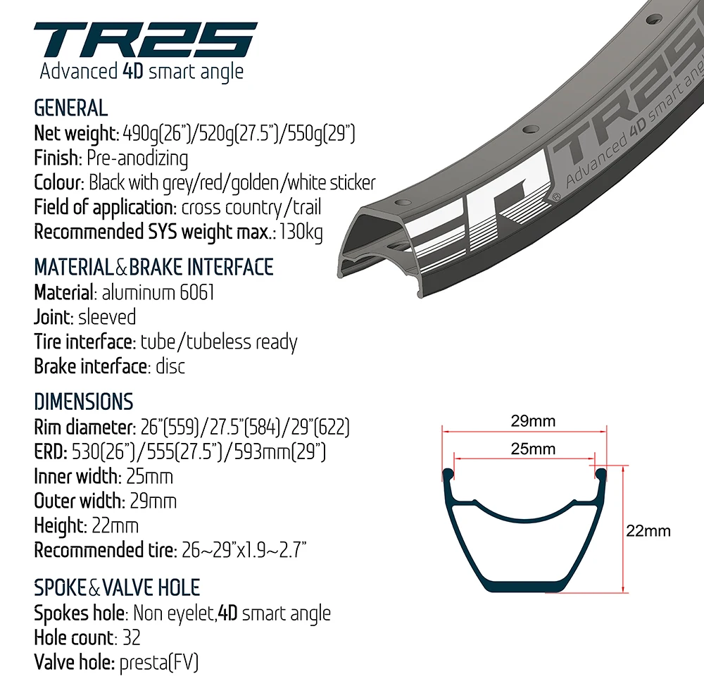 24' Koozer TR25 MTB Bicycle Rim Advanced 4D Smart Drilling 26 27.5 29  Inch Tubeless Ready 32 Holes 25mm Custom Wheel Bike Parts