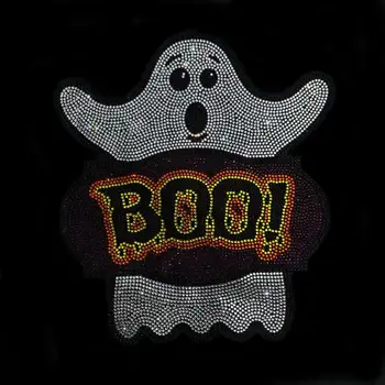 Hotfix bling halloween decorations inflatable ghost prints pictures boo iron on patches rhinestone transfer for kids clothing