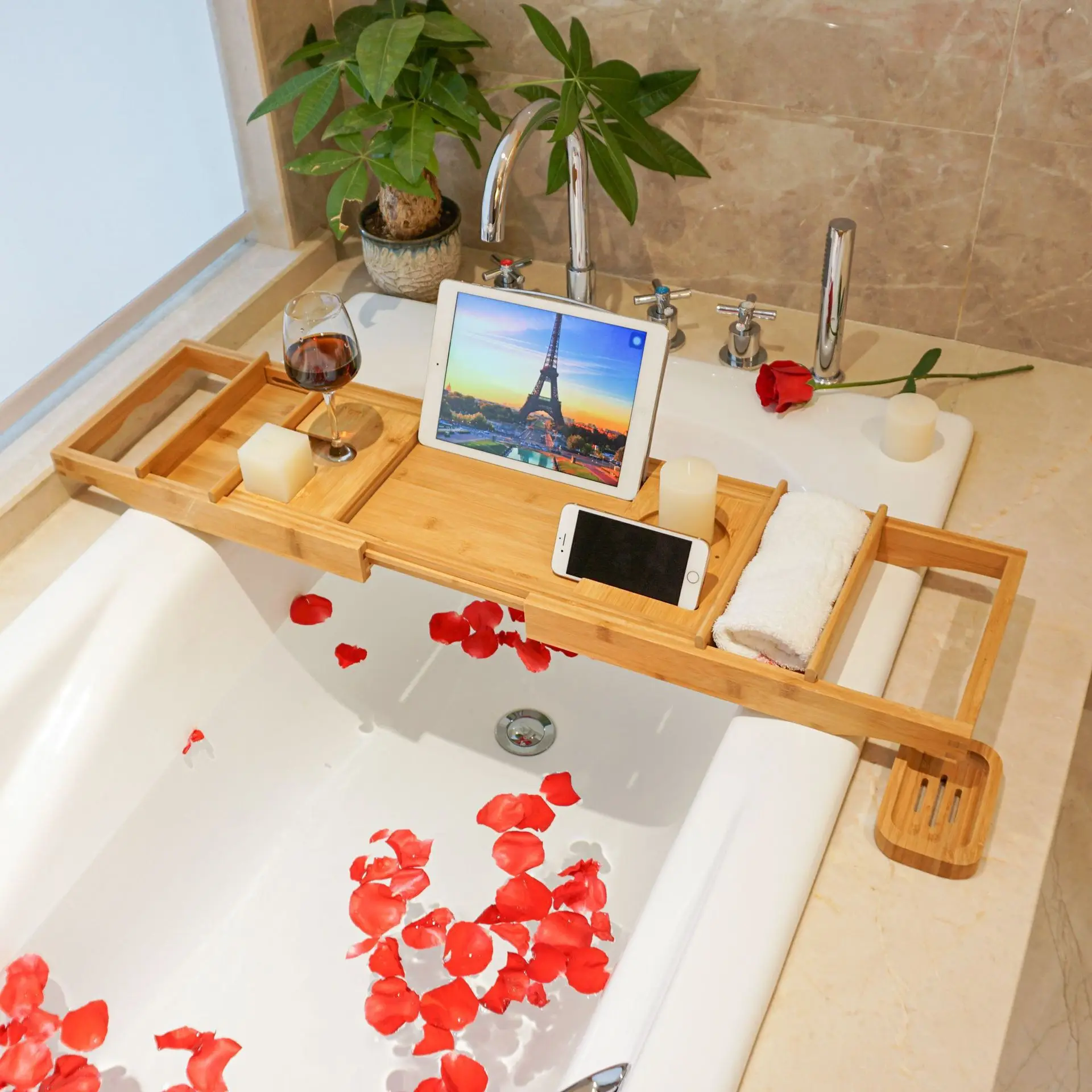 High Quality Bamboo Bath Tray Expandable Deluxe Bath With Tablet Stand Bathroom Accessory