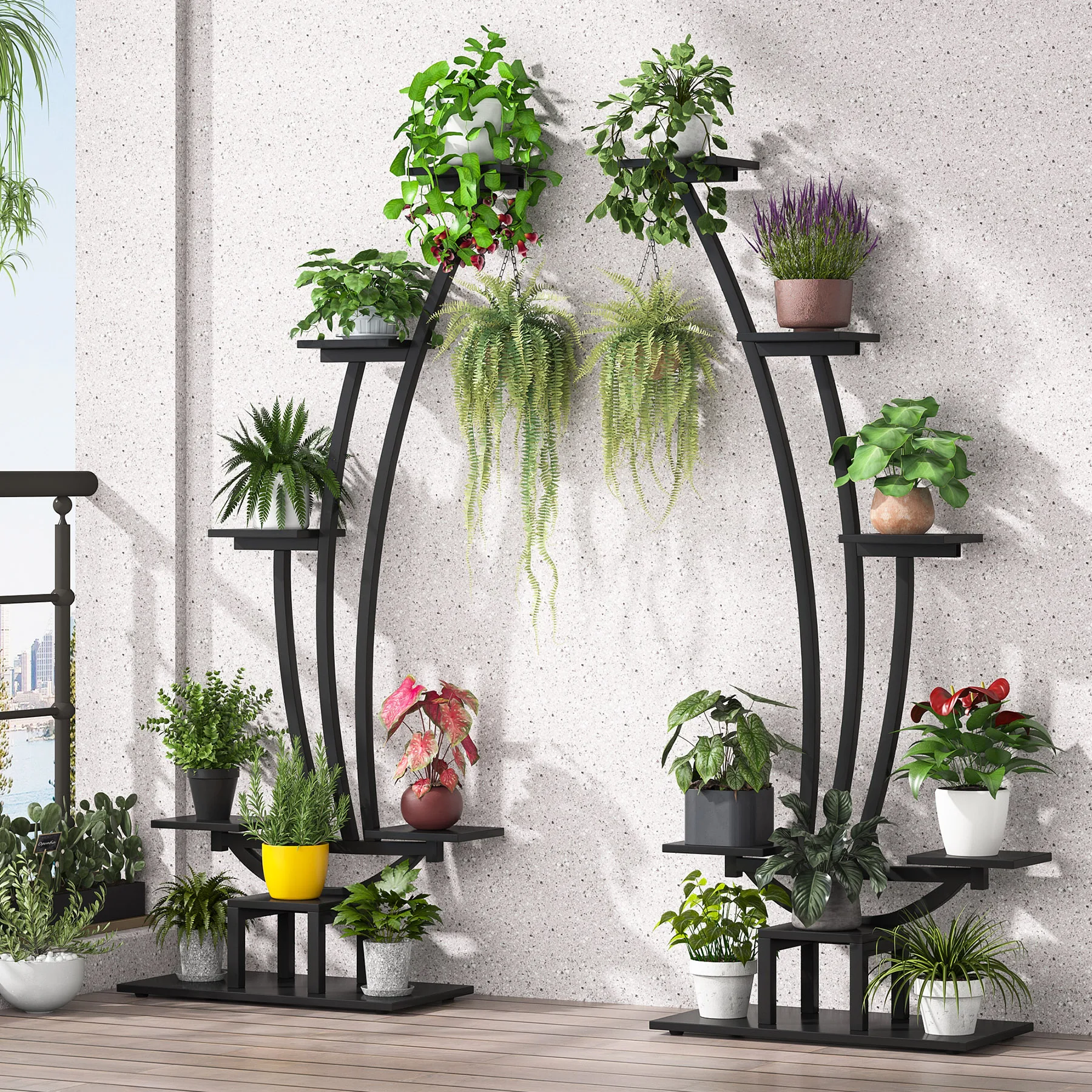 Support De Plantes D'Angle 170 Cm - Étagère Avec 15 Crochets - Pour Salon, Balcon Ou Jardin - Marron Rustique