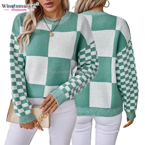 Wholesale Winter Round Collar Pullover Bicolor Blocking Plaid Pattern Long Sleeve Jumper Knitted Checkerboard Women Sweater