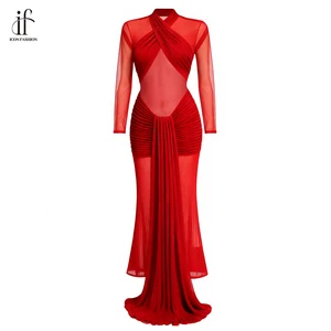 2026 New Luxury Solid Color Long Dress Temperament See-through Long Sleeve Bodycon Gown Sexy Party Club Dresses