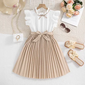 Summer 8-12Year Girls Princess Dress Elegant Party Short Sleeve Bow Tie Color-Block Solid Children's Clothes