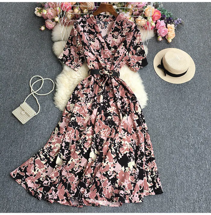 Dd6112 New 2023 Korean Chic Short Sleeve Summer Dress Women Print ...