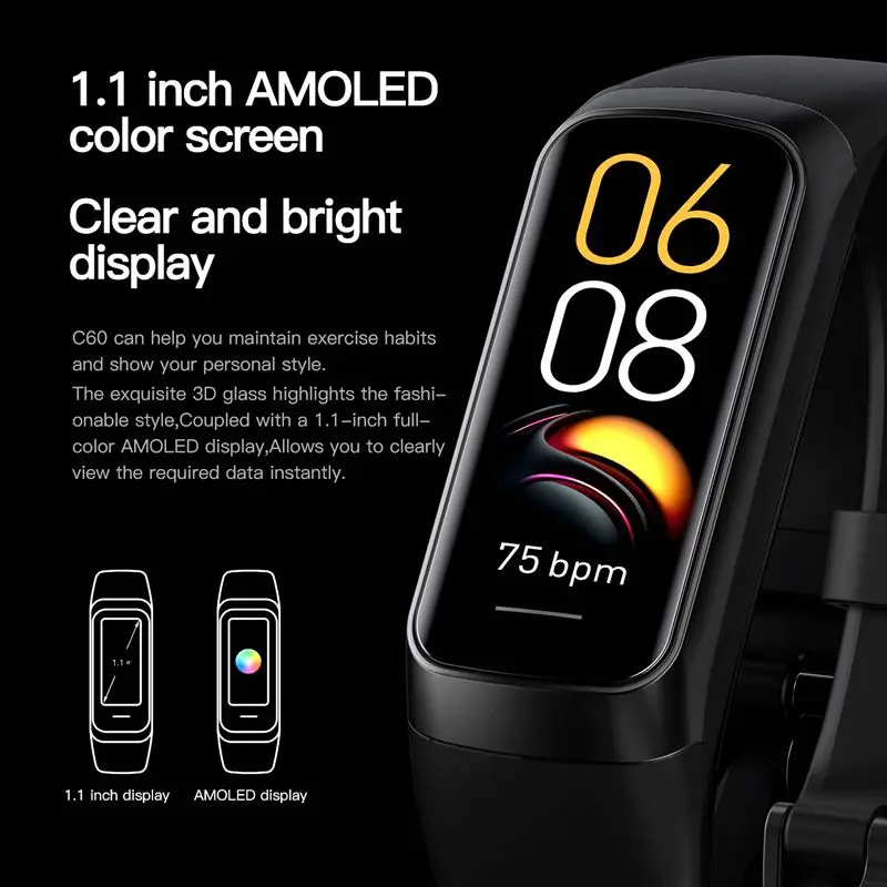 Top C60 AMOLED Color Screen Smartband Ip67 Waterproof Heart Rate Health Monitoring Sports Smart Fitness Band Android Bracelet