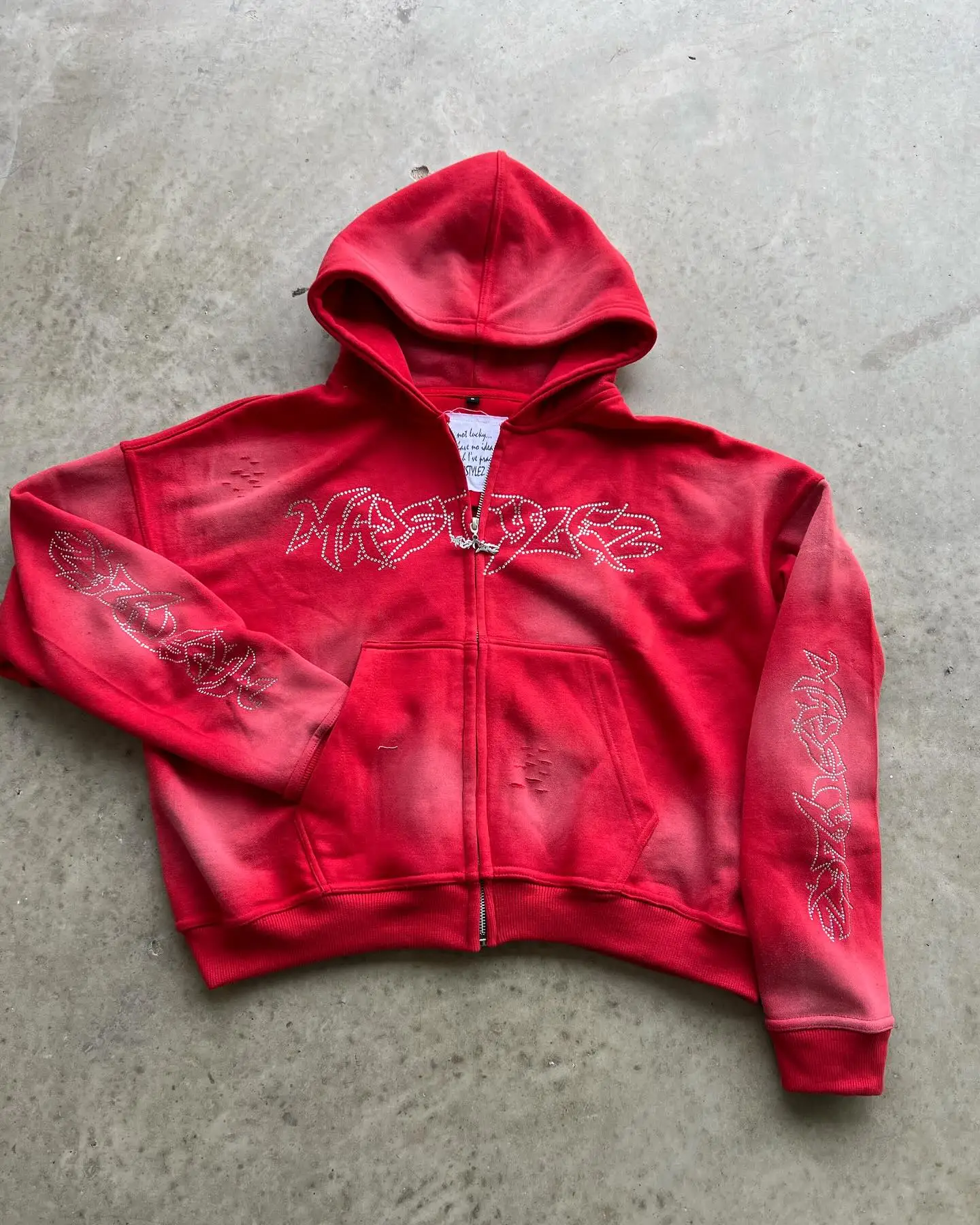 Acid Washed Sweat Suits Custom 100% Cotton Terry Oversized Tracksuit Men Flare Stacked Sweatpants and Rhinestone Hoodie Set gallery 3