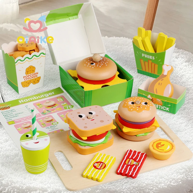 子供用プレイフードセットキッチンアクセサリー木製シミュレーションバーガーセットファストフードポテトドリンクサンドイッチキット木製おもちゃ