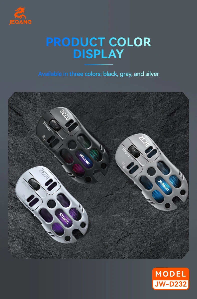 Jeqang JW-D232 RGB 2.4G BT Dual-Mode 6D Ergonomic Gaming Mouse Magnesium Alloy Hollow Design Optical Tracking Backlit