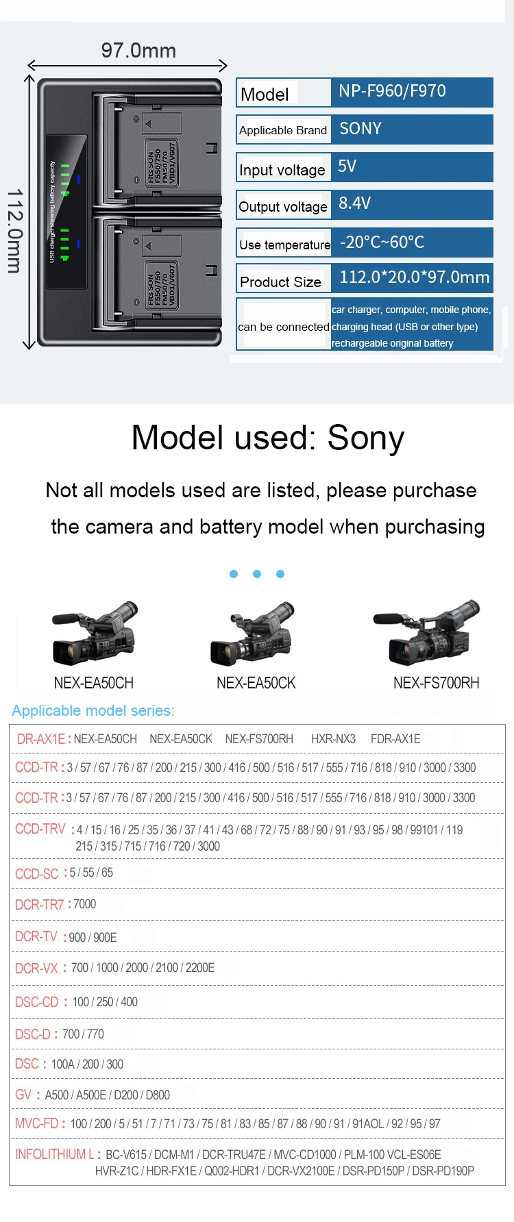 New Suitable for Sony NP-F970 NP-F960 F970 F960  Dual Battery Charger Camera Battery Type-c+USB Dual Charge details