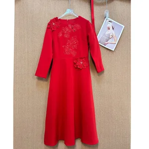 Factory Wholesale Diamond Embroidery Hollow Three-dimensional Flower O-Neck Hollow Out 3/4 Red Pencil Princess Elegant Dress