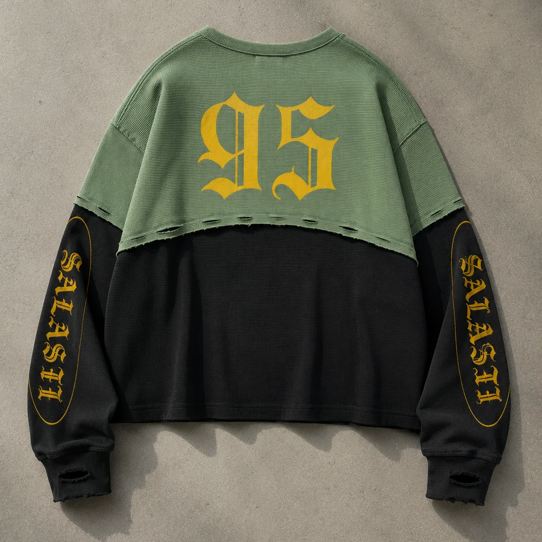 Manufacturer Custom O Neck Distressed Acid Wash Waffle Digital Print Thermal T Shirt Patchwork Long Sleeve T-shirt gallery 3