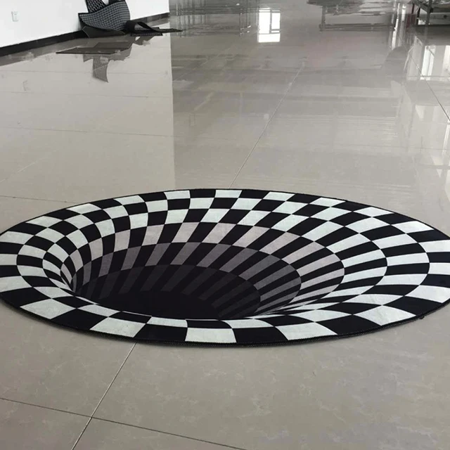 3D Visual Vortex Optical Illusions Floor Rug Black White Plaid Round Rugs for Living Room
