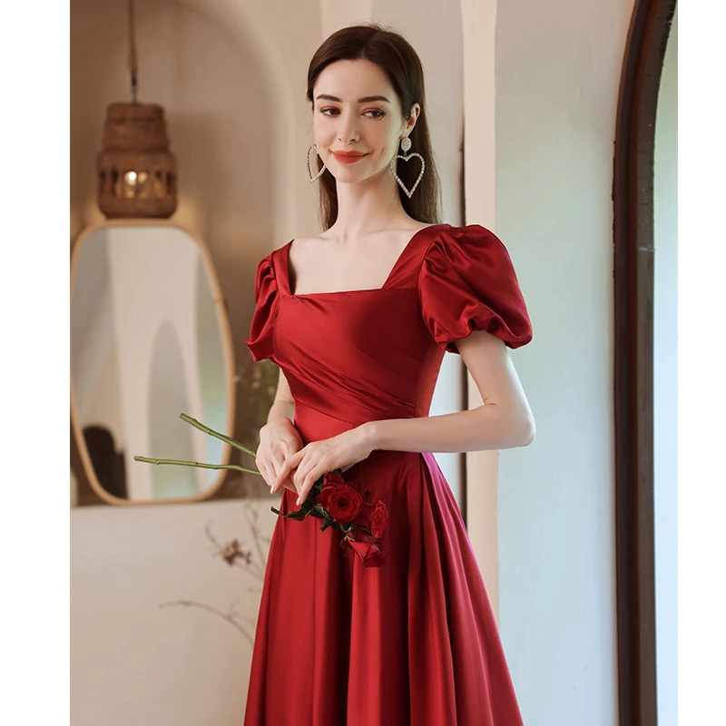 Red Square Collar Short Sleeves Ball Gown Basics Satin Evening Dress