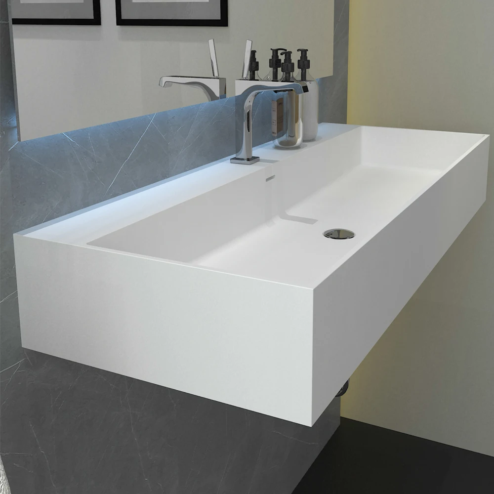 Modern Design Rectangle Acrylic Solid Surface Lavatory Wash Basin Wall Hung Bathroom Wash Hand Basin