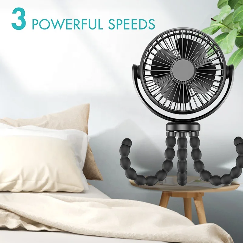 SWEETFULL Ventilatore per carrozzina, ventilatore per passeggino, 6000 mAh, portatile, per auto, mini ventilatore USB da scrivania, con treppiede flessibile, per culla, tapis roulant, bici da viaggio