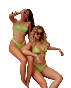 Wholesale High Quality 2-Piece Spandex/Polyester Plant Pattern Halter Push up Bandage High Waist Quick Dry Swimwear Set