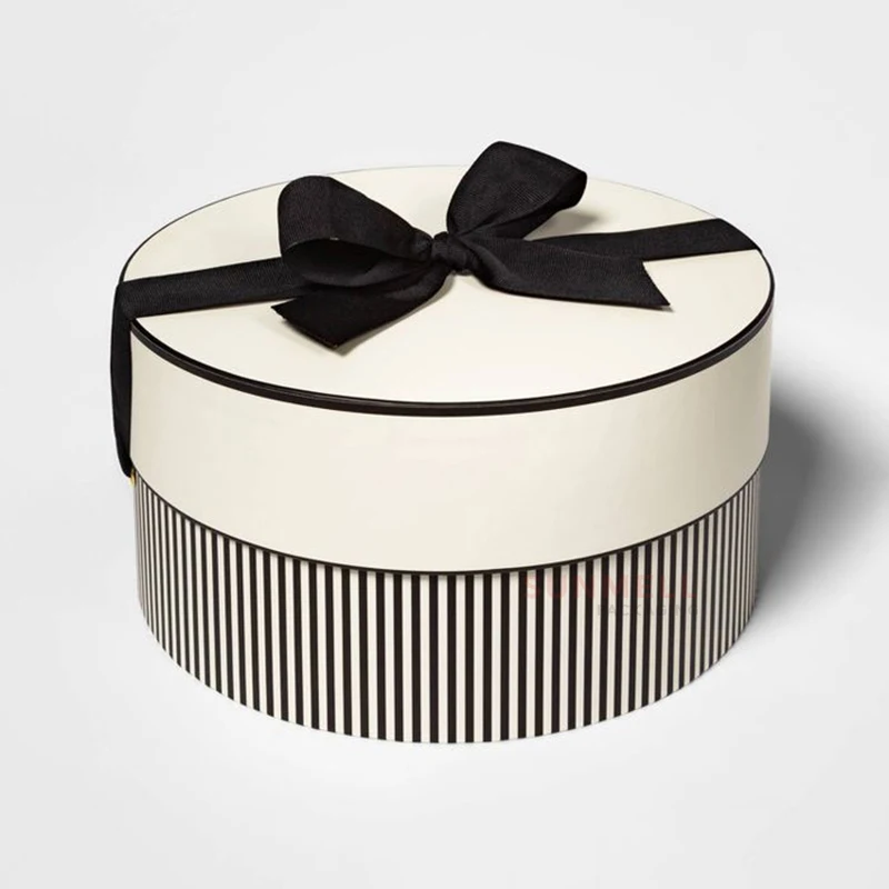 Custom Stripe Printed Round Flower Hat Ribbon Gift Box Wholesale Round  Decorative Hat Packaging Boxes for Caps
