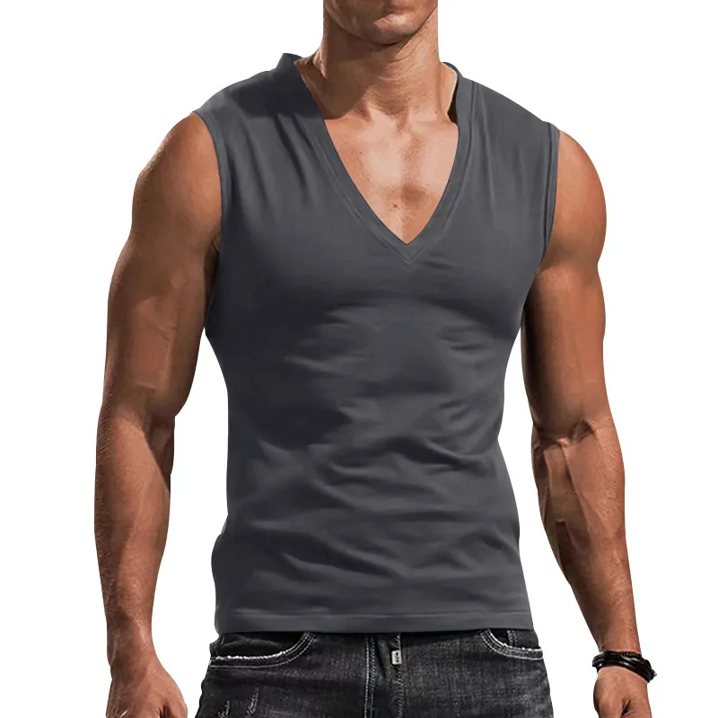 Men's Solid Color V Neck Vest Casual Breathable Sleeveless T-Shirt Vest956_voghion.com