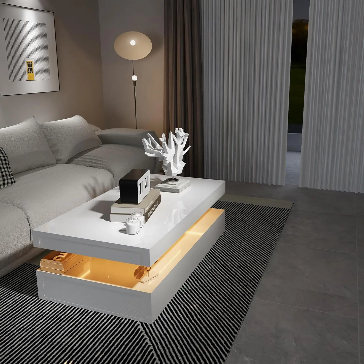 Modern White LED Light Rectangular Coffee Table with Remote Control for Living Room Furniture