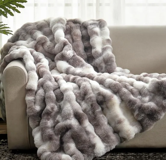 2-Ply 100% Polyester Fluffy Faux Rabbit Fur Blanket Long Hair Shaggy Printed Vintage Solid Knitted Fleece for Bed Garment Use