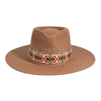 High-end Unisex Wide Brim Wool Felt Fedora Hats Men Light Brown Outdoor Travel With Wide Hatband