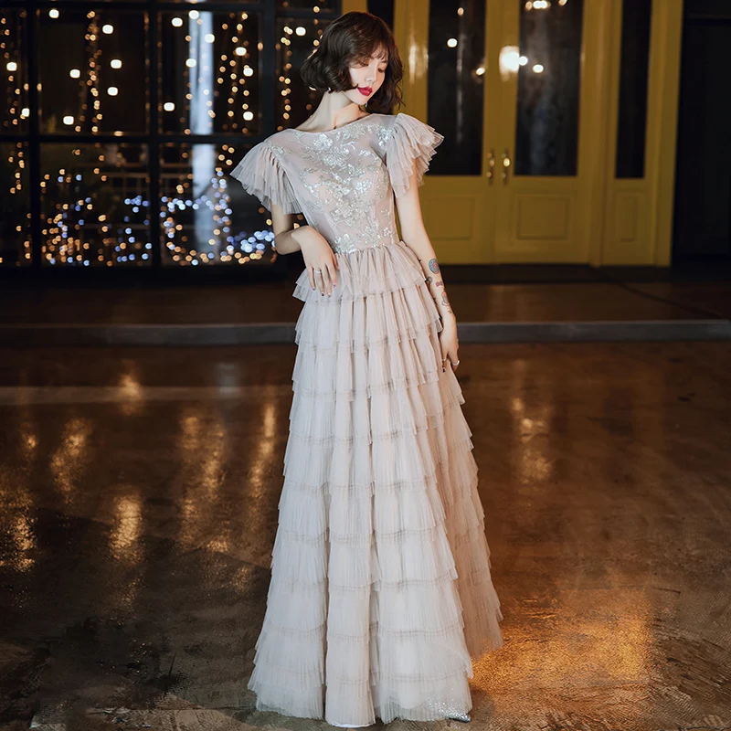 Lace Layered Pleated Dress Tulle Mermaid Tail Light Grey Wedding Dresses  Turkish Bridal Gown
