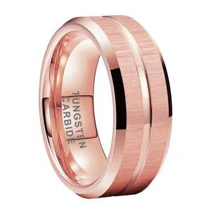 Coolstyle Jewelry 8mm Grooved Beveled Brushed Rose Gold Tungsten Carbide Ring for Men Women Fashion Wedding Band Comfort Fit