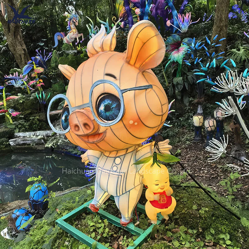 Colorful Simulated LED Illuminating Silk Chinese Animal Lantern Monkey Pig for Lantern Festival Show
