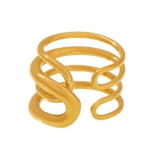 YUKAM 18K Gold Plated Stainless Steel Fashion Finger Ring Two Tones Multi Layer Crossing Cuff Open Twist Winding Rings for Women