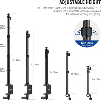 NEEWER Tabletop Overhead Camera Mount Stand with 2 Section Telescopic Extension Arm TL253A+DS001 detail image