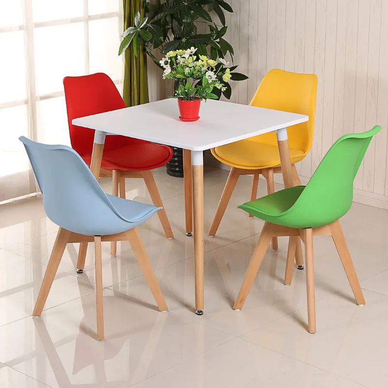 Wholesale Colored Leather Cover Plastic Back Wood Leg Sillas Tulip Cafe Chairs Restaurant Cheap Leisure Plastic Dining Chair