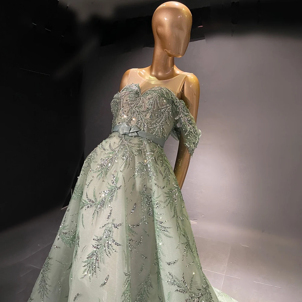 Luxury Mint Green Evening Dresses for Women  Elegant Off Shoulder Arabic Engagement  Dress for Wedding Party