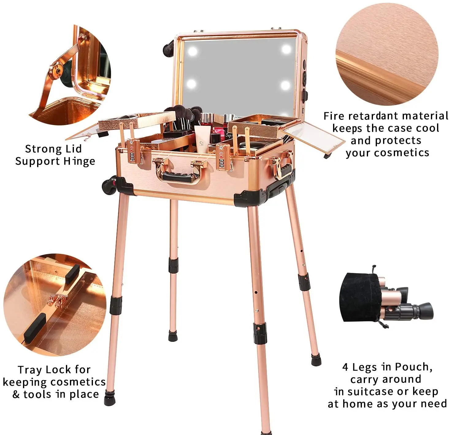 Aluminium Makeup Case with with 3-Code Password Safe Lock & Full Screen Lighted Mirror Travel Cosmetic Organizer Box